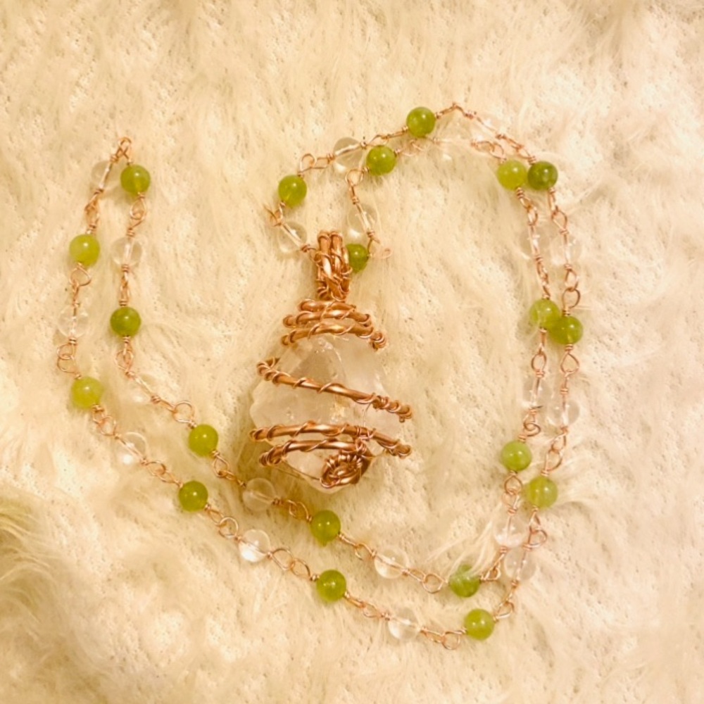 Clear Quartz w/ Peridot Copper Necklace|Handmade|New
